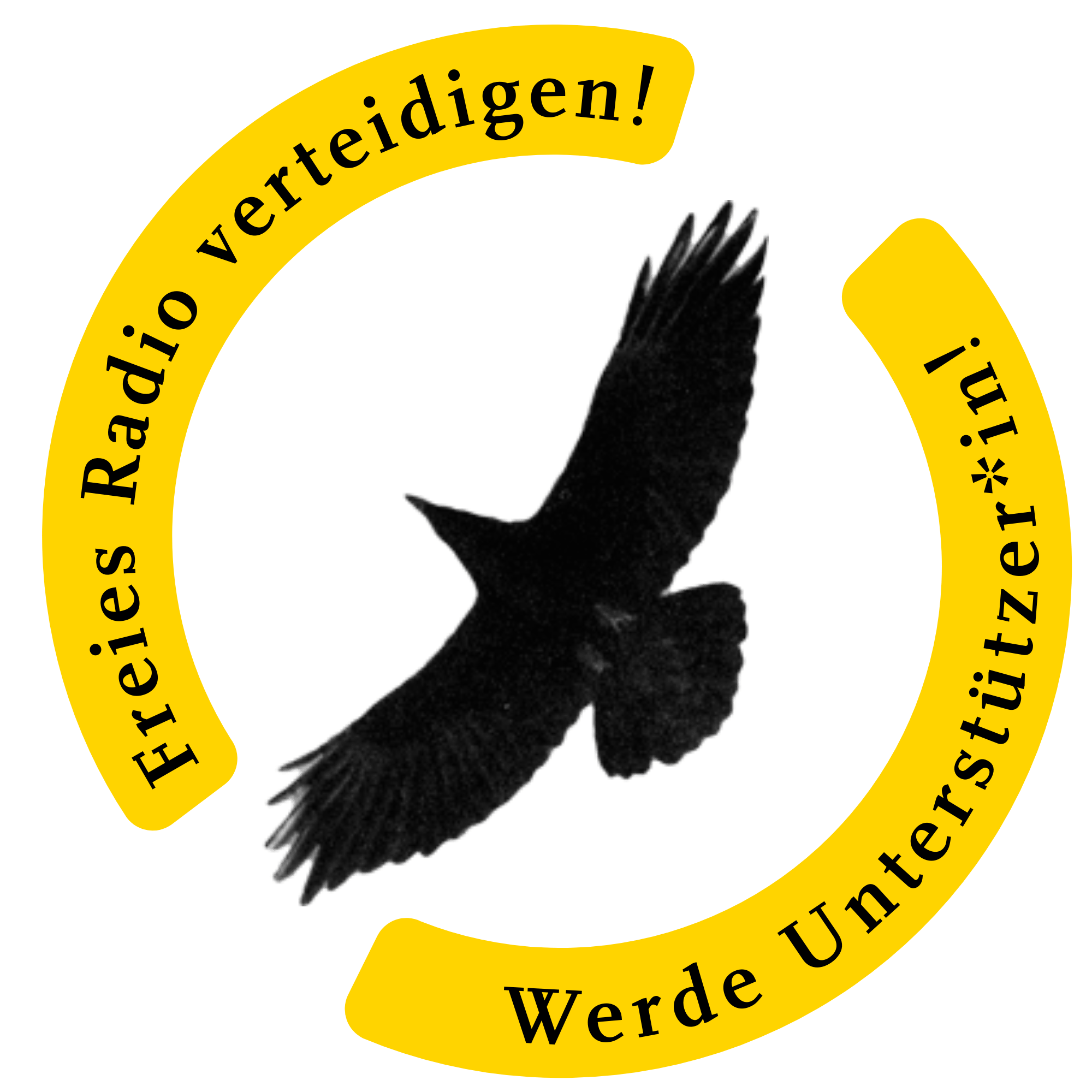 Ein Rabe im Flug. Darum im Kreis der Schriftzug: Werde Unterstützer*in! Freies Radio verteidigen!